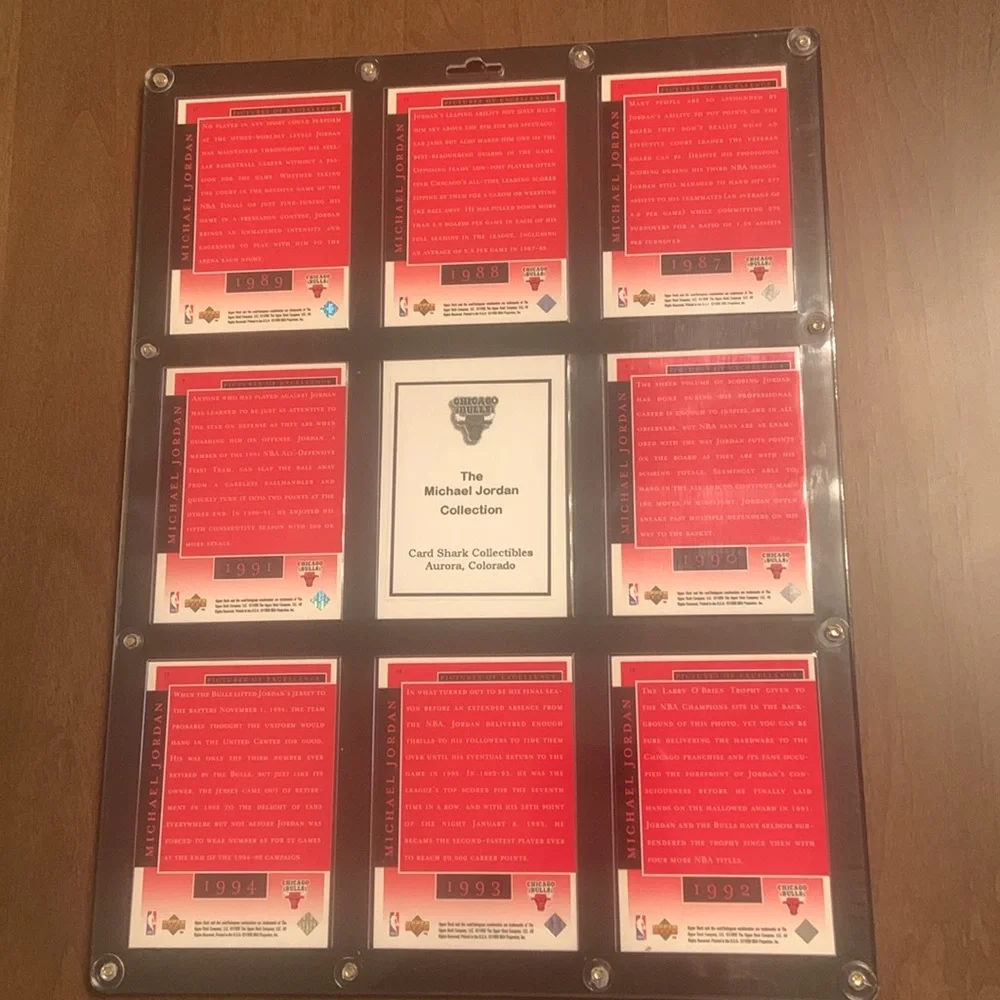 Michael Jordan 🏀 Timeline Card Display-Black & Gold Frame / Red Cards 1987-1994